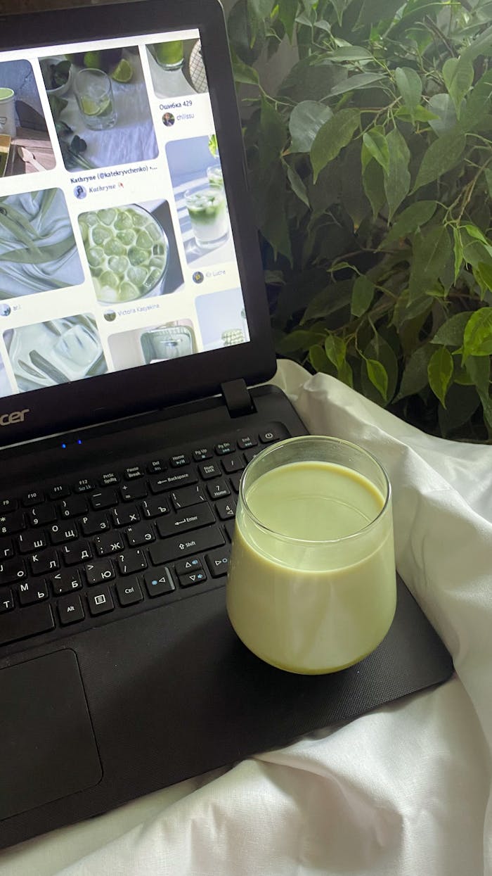 services-03 Glass of green milk drink on laptop keyboard amidst lush indoor plants.